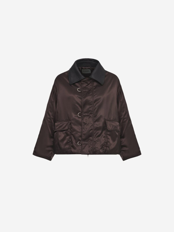 Puffer coat with contrast leather collar and D-Ring hook
