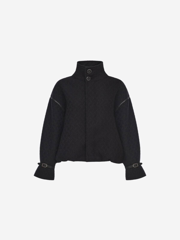 Wool bomber jacket with high collar and leather arm straps