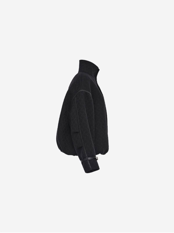 Wool bomber jacket with high collar and leather arm straps