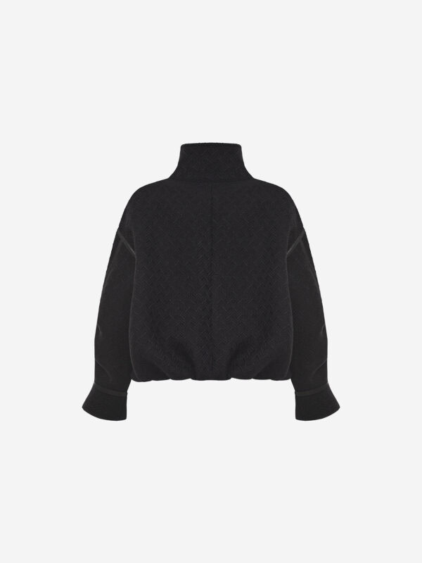 Wool bomber jacket with high collar and leather arm straps