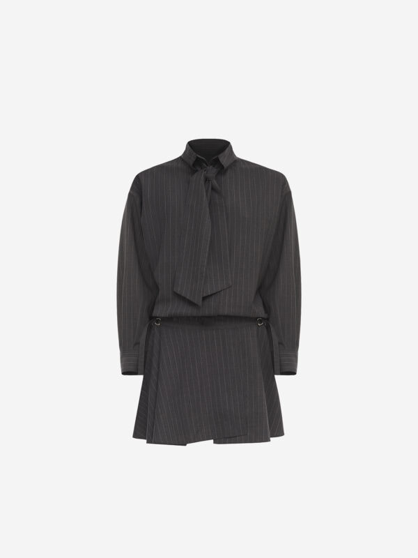 Pinstripe shirt mini dress with scarf collar
