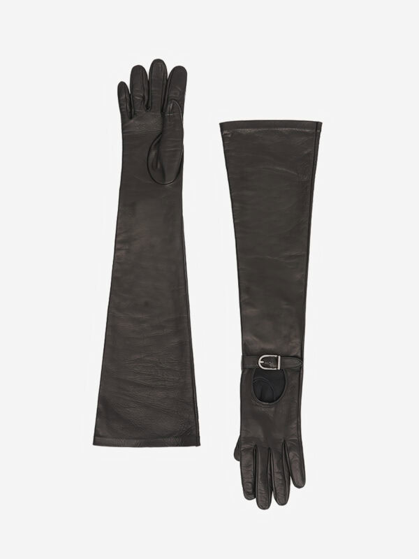 Elbow-length nappa leather gloves with D-Ring buckle, brown