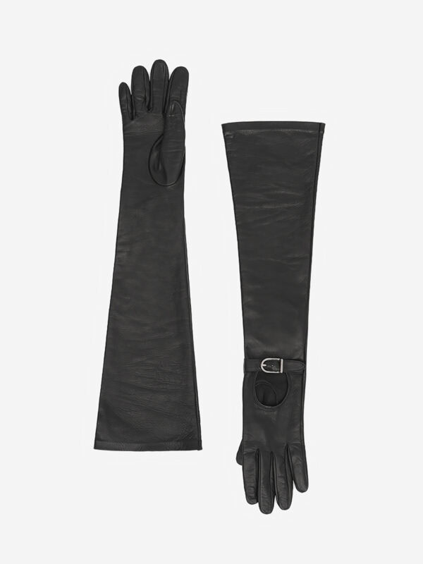 Elbow-length nappa leather gloves with D-Ring buckle, black