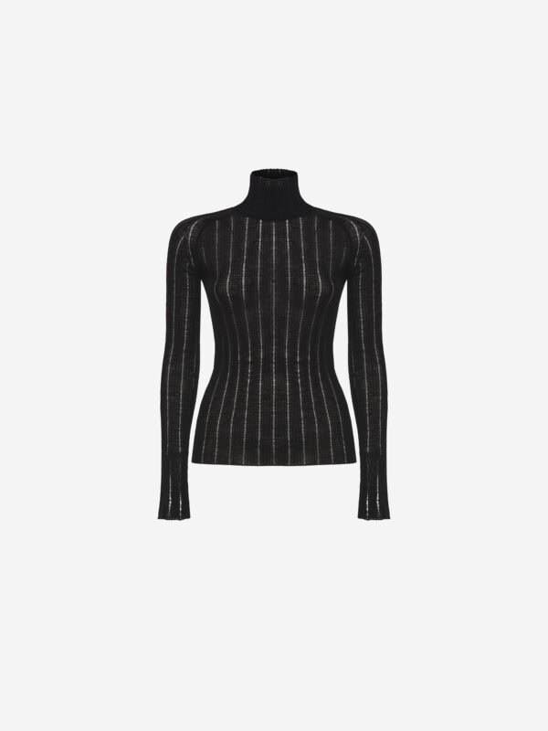 High neck ribbed wool knit top with open cuffs