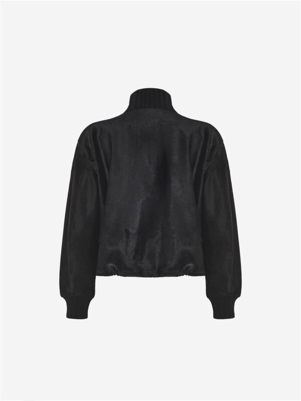 Pony hair bomber jacket with ribbed knit trims