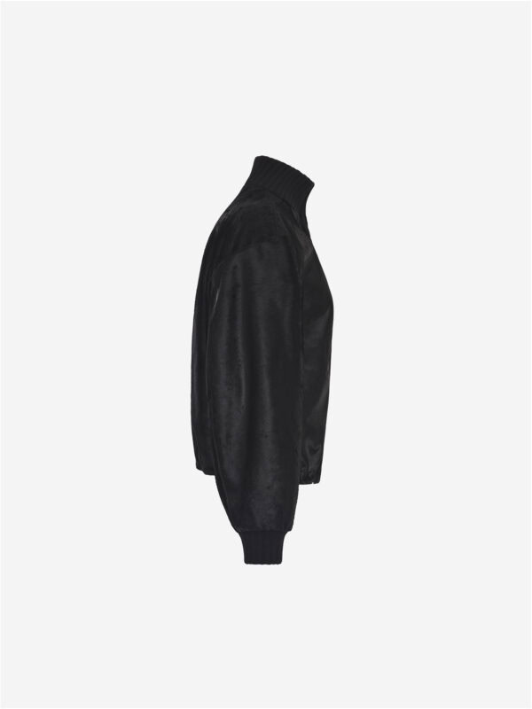 Pony hair bomber jacket with ribbed knit trims