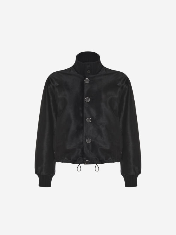 Pony hair bomber jacket with ribbed knit trims