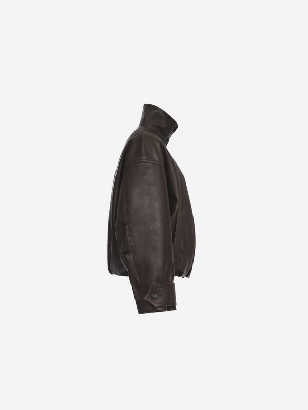 Oversized leather bomber jacket with high collar, brown