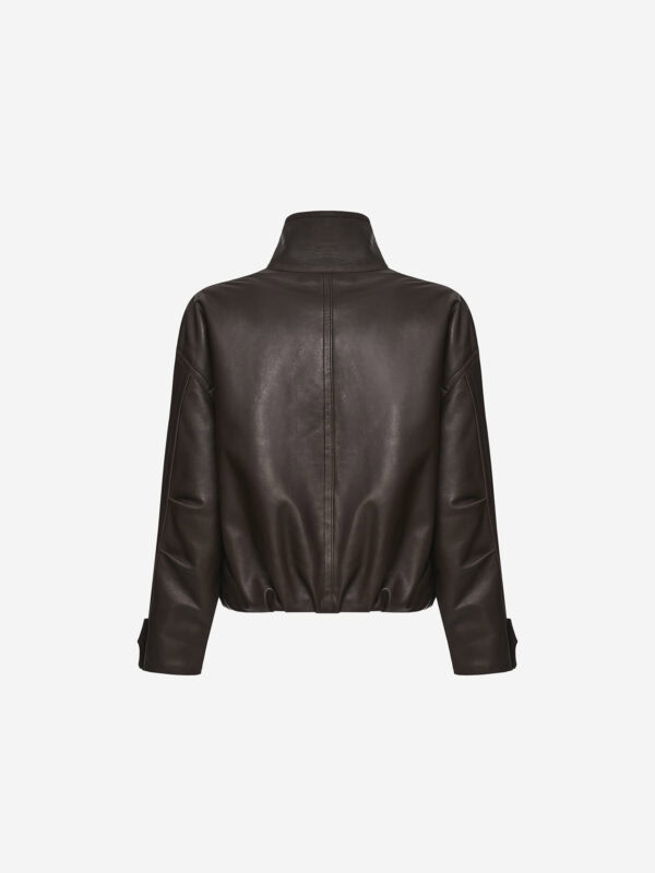 Oversized leather bomber jacket with high collar, brown