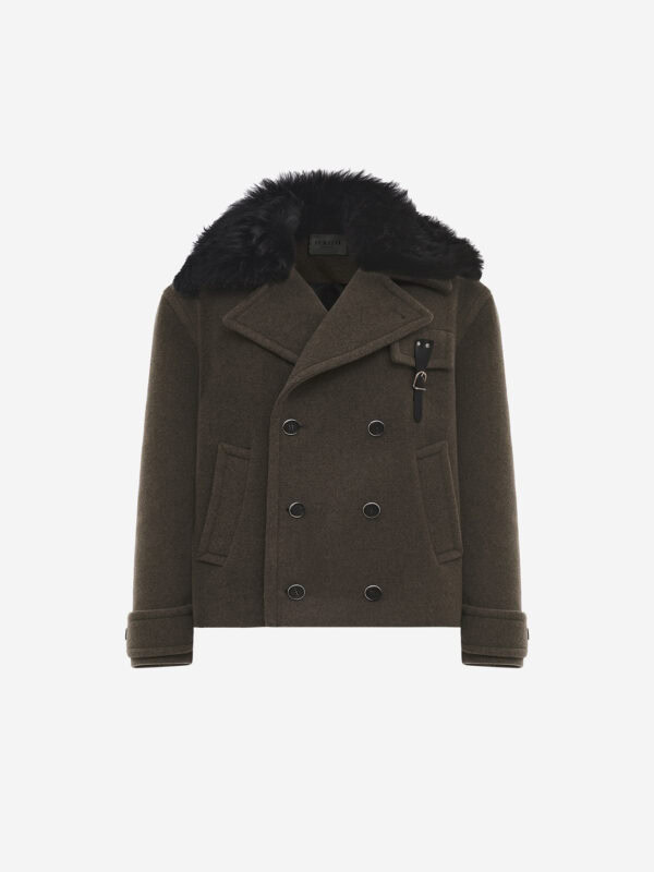 Double-breasted virgin wool military peacoat with fur collar