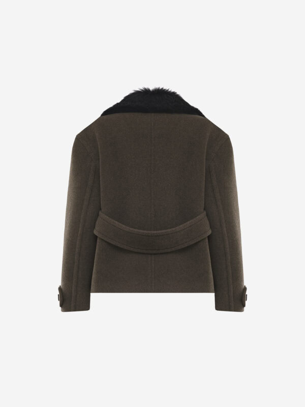 Double-breasted virgin wool military peacoat with fur collar