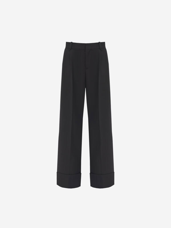 Wide-leg virgin wool tailored trousers with turn-ups, black