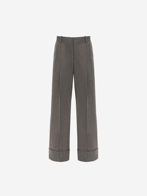 Wide-leg virgin wool tailored trousers with turn-ups, greige