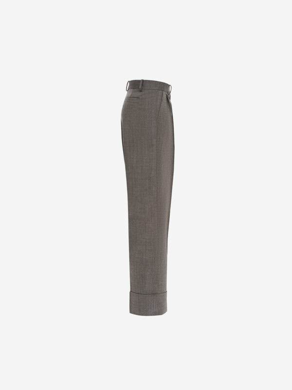 Wide-leg virgin wool tailored trousers with turn-ups, greige