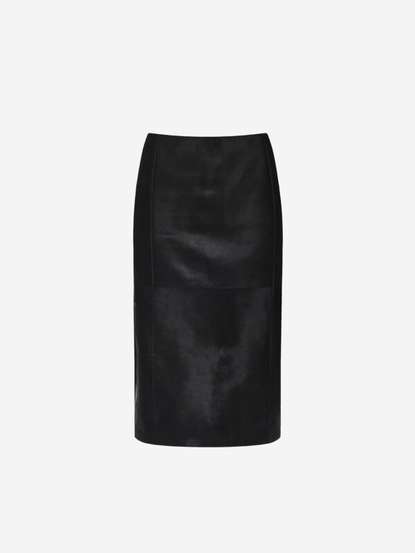 Pony hair pencil skirt with leather back strap