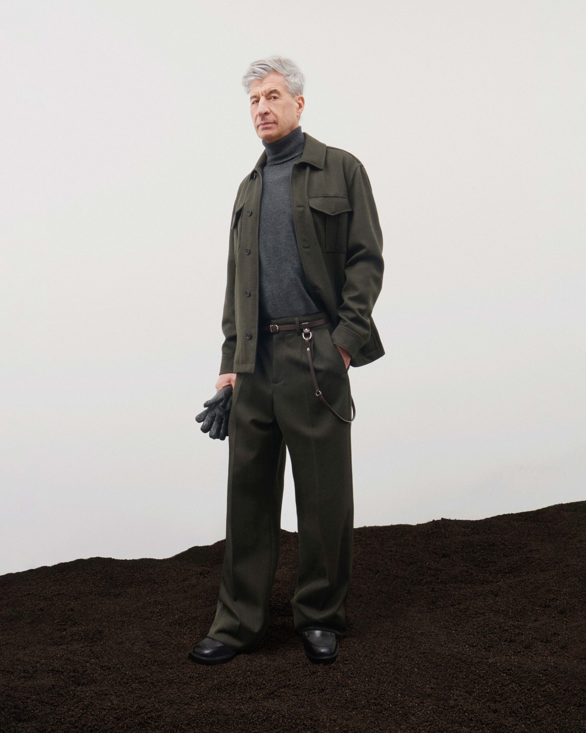 Olive wool overshirt jacket with grey turtleneck, wide trousers, brown leather belt and black leather ankle boots, menswear, Durazzi Milano FW26
