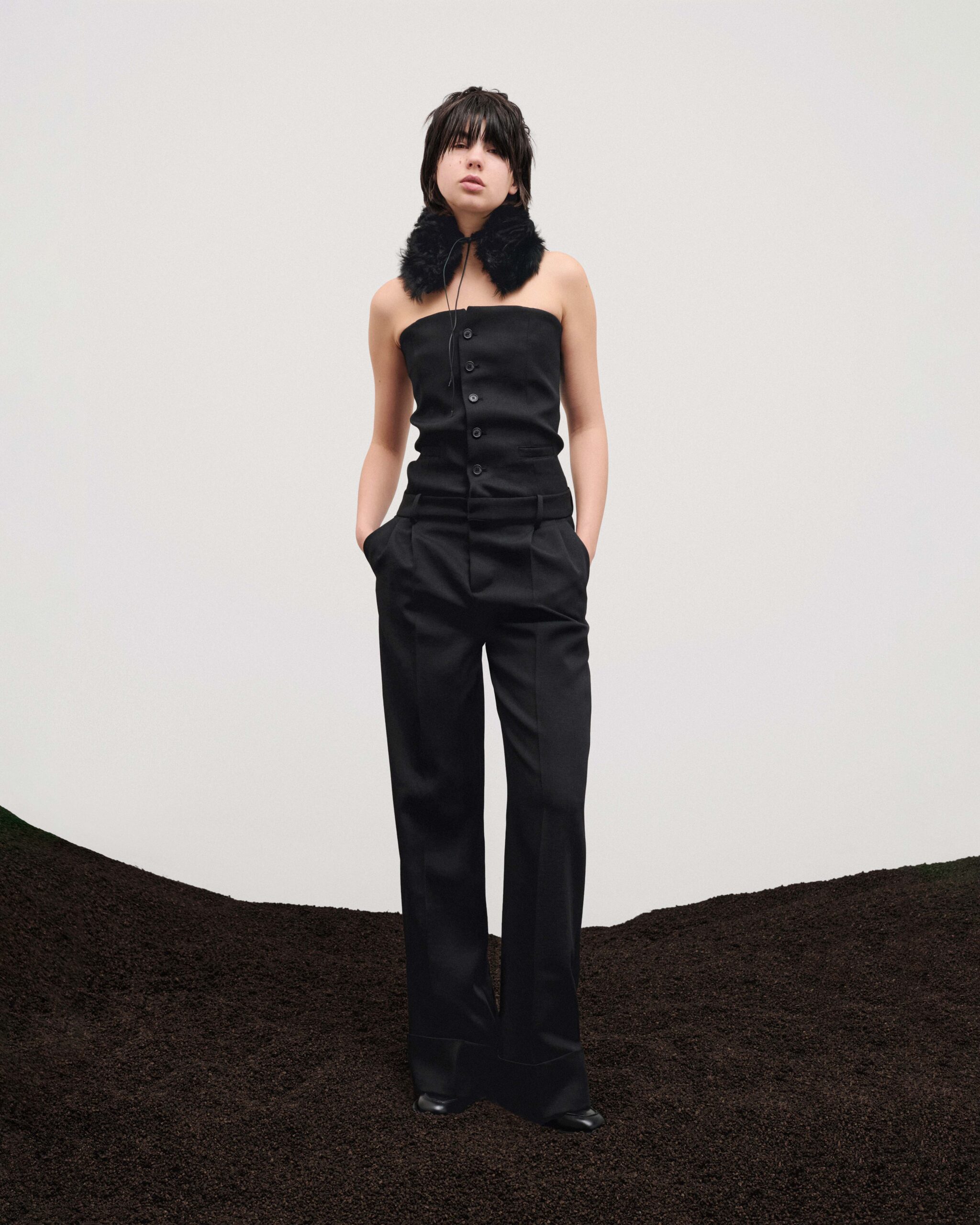 Strapless buttoned virgin wool jumpsuit with fur collar, Durazzi Milano FW26